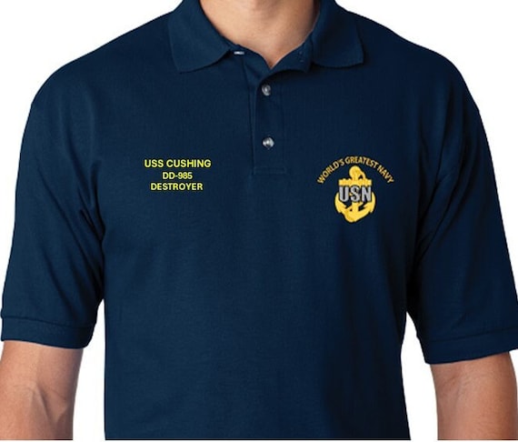 USS Cushing  DD-985 * Destroyer* Embroidered Two Sided Polo Shirt.Worlds Greatest* Navy Officially Licensed