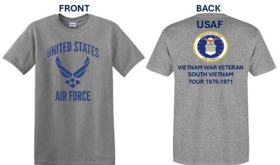 Air Force. Vietnam War Veteran* South Vietnam Tour 1970-1971. USAF Logos. 2-Sided Shirt. USAF Officially Licensed.