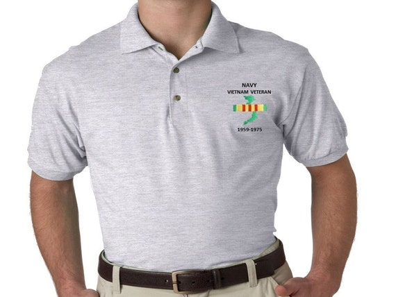 VIETNAM VETERAN Navy Ribbon & Map 1959-1975 Navy Embroidered Left Chest Polo Shirt