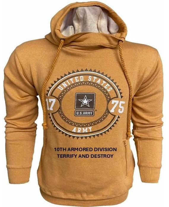 10TH Armored Division* Terrify and Destroy * U.S. Army Vintage Premium Camel Hoodie. Army Officially Licensed