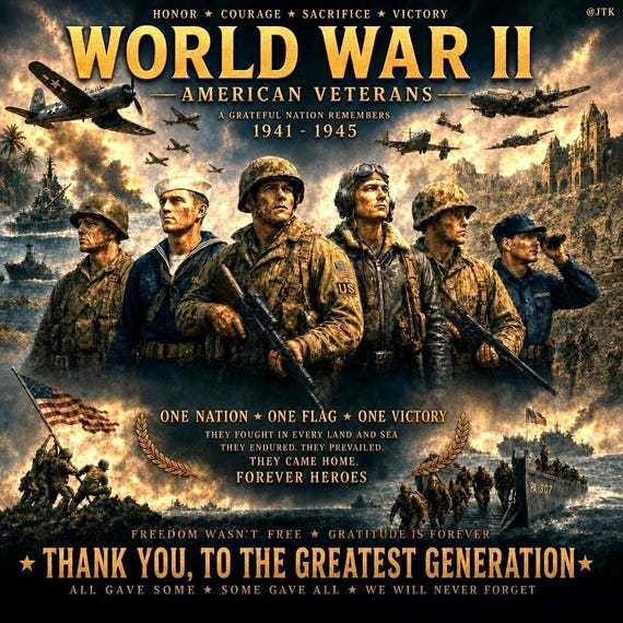 World War II 1941-1945 Memorial Image* The Greatest Generation* 1-Sided Vinyl Shirt.
