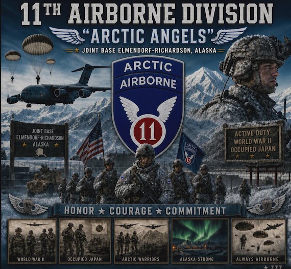 11TH Airborne Division * ARCTIC ANGELS* Army Unit* 2-Side Vinyl Shirt. Army Officially Licensed.