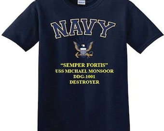 USS Michael Monsoor DDG-1001 Zerstörer "Semper Fortis" Navy Logo Vinyl Shirt (Navy offiziell lizenziert)