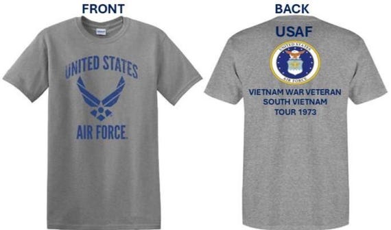 Air Force. Vietnam War Veteran* South Vietnam Tour 1973. USAF Logos. 2-Sided Shirt. USAF Officially Licensed.