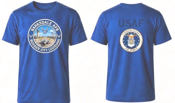 Barksdale Air Force Base* Bossier City-Louisiana* Circle Coin*T-Shirt.Two Sided Vinyl Shirt on Back. Officially Licensed USAF