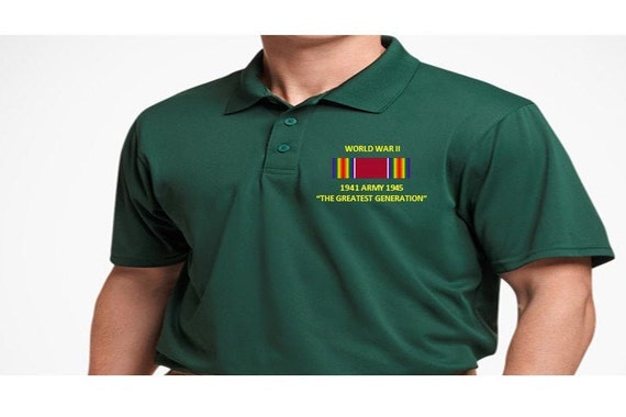 World War II 1941 ARMY 1945 "The Greatest Generation" Embroidered Lightweight Polo Shirt