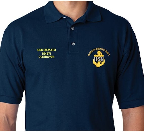 USS Damato  DD-871* Destroyer* Embroidered Two Sided Polo Shirt.Worlds Greatest* Navy Officially Licensed