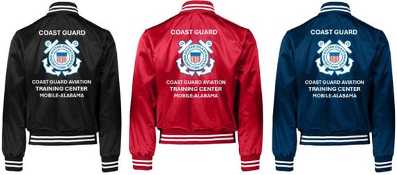 Coast Guard Aviation Training Center* Mobile-Alabama* Coast Guard Vinyl Design Satin Jacket (Back Only) USCG Officially Licensed
