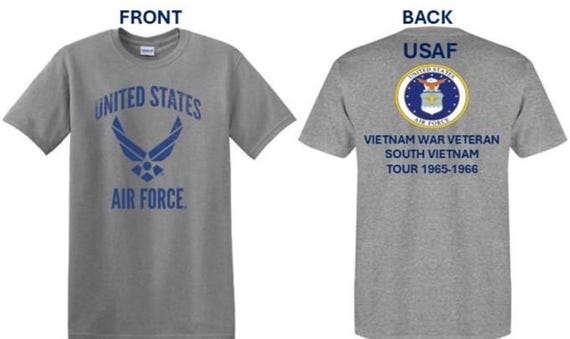 Air Force. Vietnam War Veteran* South Vietnam Tour 1965-1966. USAF Logos. 2-Sided Shirt. USAF Officially Licensed.