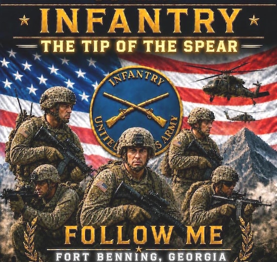 ARMY Infantry* Follow Me* Tip of the Spear* Fort Benning-Georgia*2-Sided Vinyl Shirt. ARMY Officially Licensed
