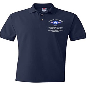 May include: A navy blue polo shirt with a white embroidered design that reads "Thunder From Above" and "USAF Diego Garcia Naval Support Facility British Indian Ocean Territory".