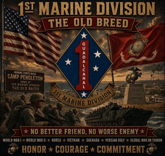 1ST Marine Divison * The Old Breed* USMC* 2-Side Vinyl Shirt. USMC Officially Licensed.