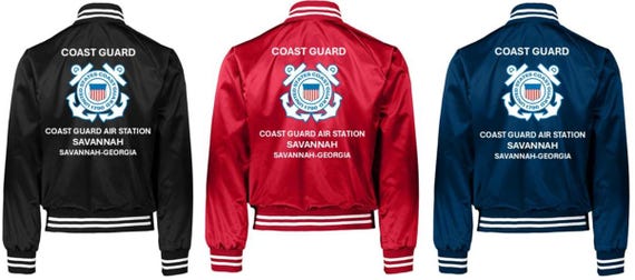 Coast Guard Air Station Savannah* Savannah-Georgia* Coast Guard Vinyl Destin Satin Jacket (Back Only) USCG Officially Licensed