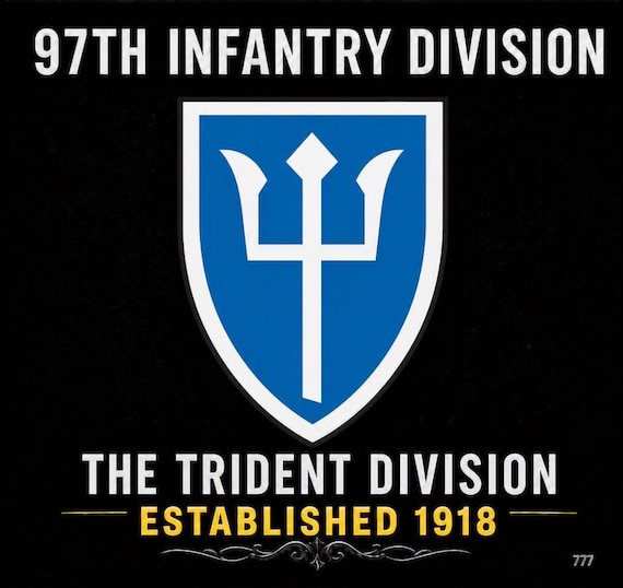 97TH Infantry Division* The Trident Division* Established 1918 * 2-Sided Vinyl Shirt. ARMY Officially Licensed