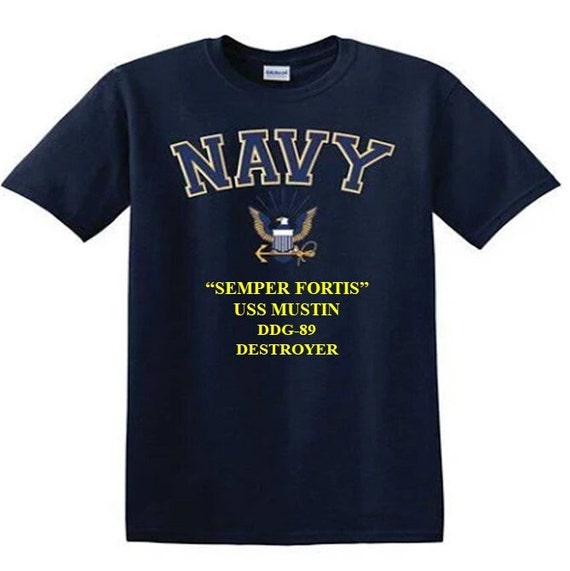 USS MUSTIN DDG-89 Destroyer"Semper Fortis" Navy Logo Vinyl Shirt (Navy Officially Licensed)