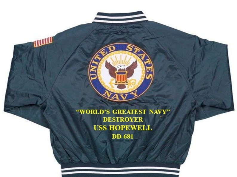 USS Higbee  DDDDR-806   Destroyer  World/'s Greatest Navy Embroidered 2-Sided Blue Satin Jacket