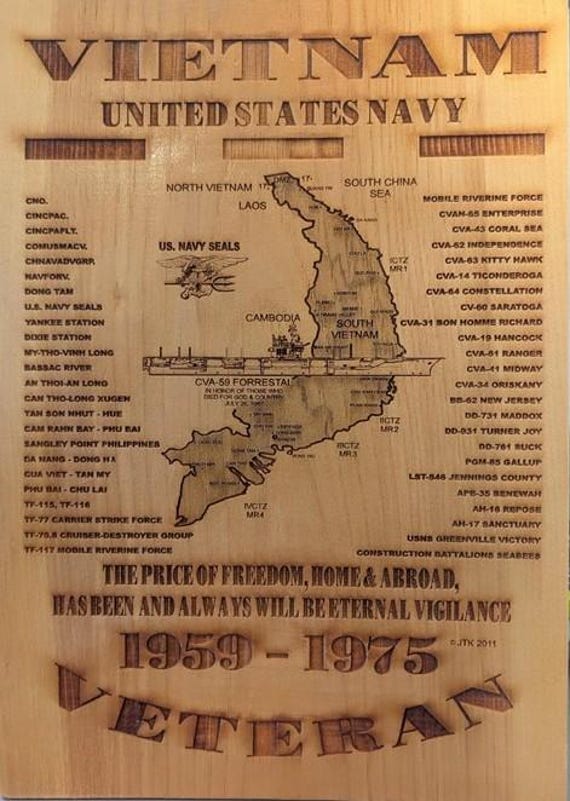 Vietnam Veteran US Navy Military Units* Plaque Wooden Mount on Back. Engraved Heat Process. 11X15X1