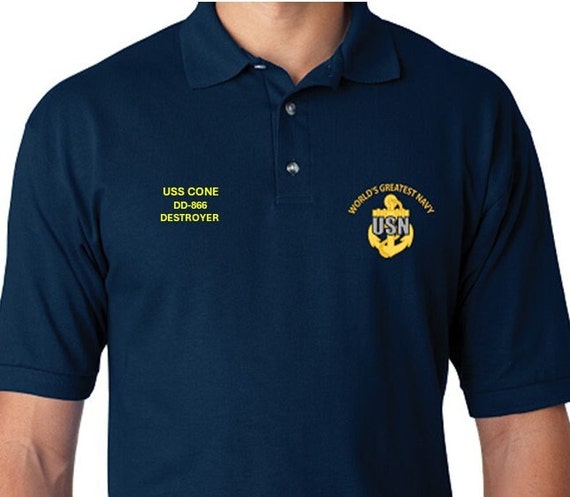 USS CONE  DD-866 * Destroyer* Embroidered Two Sided Polo Shirt.Worlds Greatest* Navy Officially Licensed