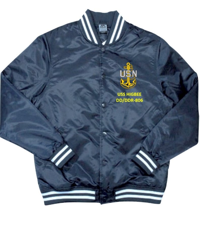 USS Higbee DDDDR-806 Destroyer World/'s Greatest Navy Embroidered 2-Sided Blue Satin Jacket