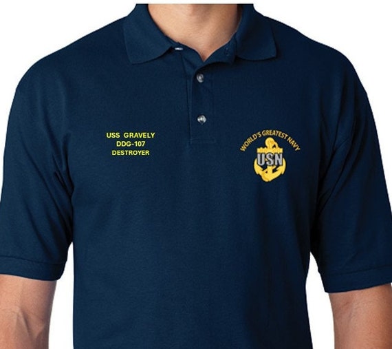 USS Gravely   DDG-107  * Destroyer* Embroidered Two Sided Polo Shirt.Worlds Greatest* Navy Officially Licensed