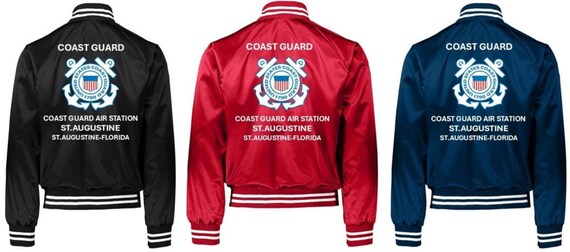 Coast Guard Air Station ST.AUGUSTINE* St. Augustine-Florida* Coast Guard Vinyl Destin Satin Jacket (Back Only) USCG Officially Licensed