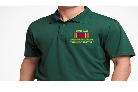 World War II 1941 ARMY Air Corps 1945 "The Greatest Generation" Embroidered Lightweight Polo Shirt
