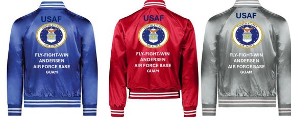 Air Force* Andersen Air Force Base* GUAM*Fly-Fight-Win*Satin Jacket (Back Only) USAF Officially Licensed