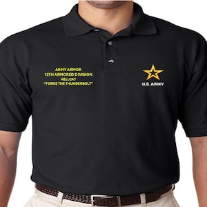 May include: Black polo shirt with a yellow embroidered US Army star and text that reads "ARMY ARMOR 12TH ARMORED DIVISION HELLCAT "FORGE THE THUNDERBOLT""