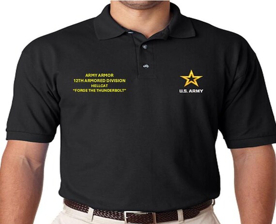 12th Armored Division* Hellcat*Army Armor*Forge the Thunderbolt *Embroidered polo shirt* Army Officially Licensed.