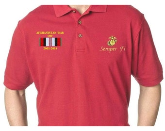 AFGHANISTAN WAR 2001-2014 Semper Fi Marines left chest & right chest Embroidered Polo Shirt Officially Licensed