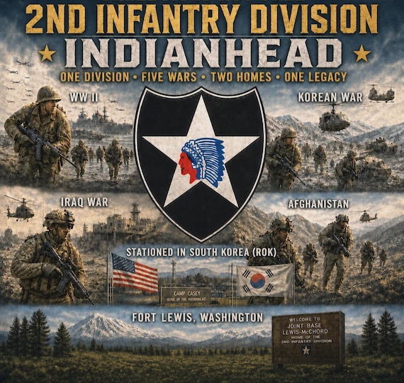 2ND Infantry Division*  INDIANHEAD* Army Unit* 2-Side Vinyl Shirt. Army Officially Licensed.