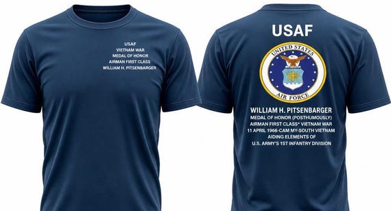 USAF. Medal of Honor* Airman First Class* William H.Pitsenbarger*Posthumously* 11th April 1966 Vietnam. 2 Sided Vinyl Shirt. USAF License