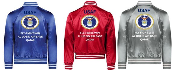 Air Force*Al Udeid Air Base*QATAR*Fly-Fight-Win*Satin Jacket (Back Only) USAF Officially Licensed