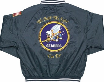 NAVY Seabees  &quot;We Build, We Fight, Can Do&quot;  Shoulder/flag Embroidered  1-Sided Satin Jacket (BACK Only) Officially Licensed