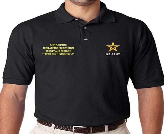10th Armored Division* Terrify and Destroy * Army Armor  *Forge the Thunderbolt *Embroidered polo shirt* Army Officially Licensed.