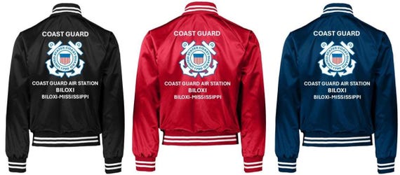 Coast Guard Air Station BILOXI* Biloxi-Mississippi * Coast Guard Vinyl Design Satin Jacket (Back Only) USCG Officially Licensed