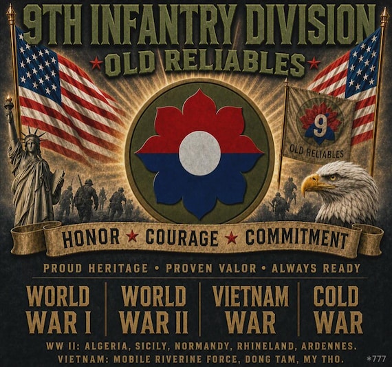9TH Infantry Division * Old Reliables* Army Unit* 2-Side Vinyl Shirt. Army Officially Licensed.