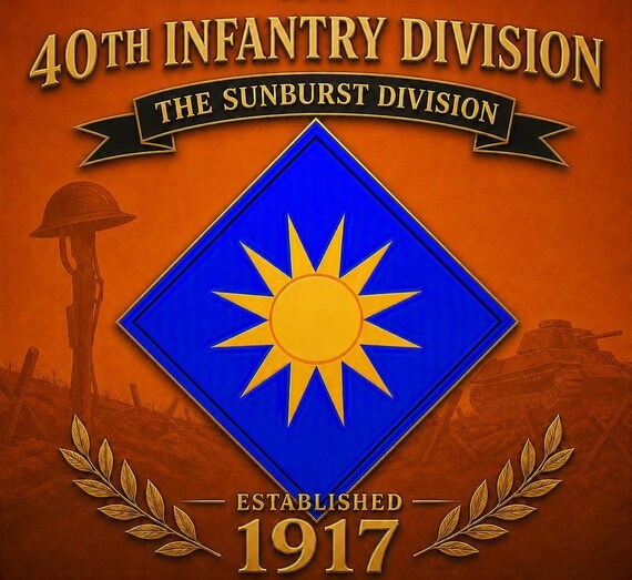 40TH Infantry Division* The Sunburst Division * Established 1917* 2-Sided Vinyl Shirt. ARMY Officially Licensed