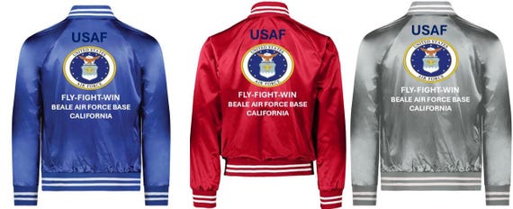 Cannon Air Force Base* New Mexico* Fly-Fight-Win * AIR FORCE Vinyl Design Satin Jacket (Back Only) USAF Officially Licensed