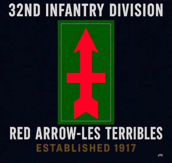 32ND Infantry Division* Red Arrow-Les Terribles * Established 1917* 2-Sided Vinyl Shirt. ARMY Officially Licensed