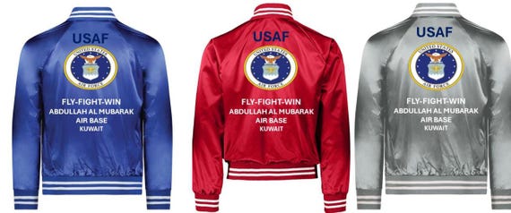 Air Force*Abdullah al Mubarak Air Base*Kuwait*Fly-Fight-Win*Satin Jacket (Back Only) USAF Officially Licensed