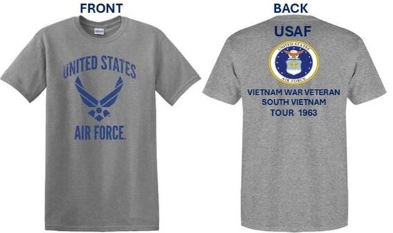 Air Force. Vietnam War Veteran* South Vietnam Tour 1963. USAF Logos. 2-Sided Shirt. USAF Officially Licensed.
