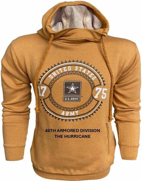 48TH Armored Division* The Hurricane * U.S. Army Vintage Premium Camel Hoodie. Army Officially Licensed