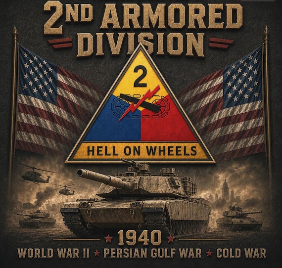 2ND Armored Division* HELL ON WHEELS* Army Unit* 2-Side Vinyl Shirt. Army Officially Licensed.