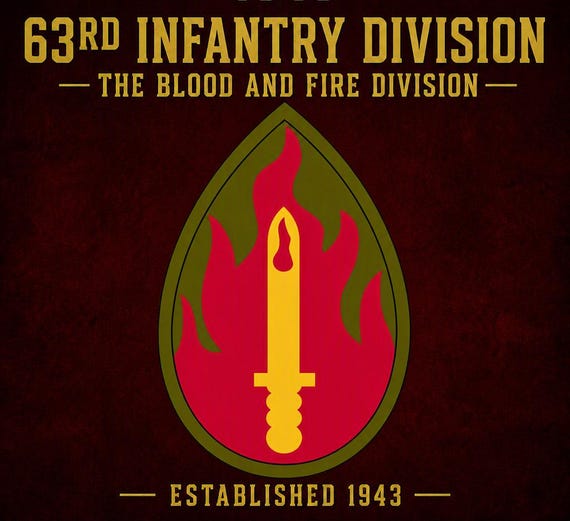 63RD Infantry Division* Blood and Fire * Established 1943* 2-Sided Vinyl Shirt. ARMY Officially Licensed