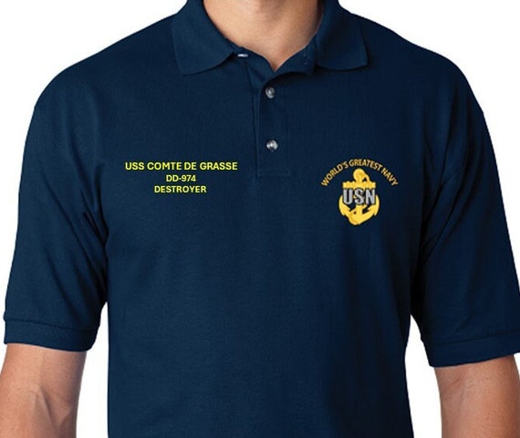 USS Comte de Grasse  DD-974 * Destroyer* Embroidered Two Sided Polo Shirt.Worlds Greatest* Navy Officially Licensed