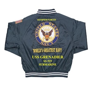 May include: A dark blue bomber jacket with a white and black striped collar and cuffs. The back of the jacket features an embroidered United States Navy seal with the words "SEMPER FORTIS", "UNITED STATES NAVY", "WORLD'S GREATEST NAVY", "USS GRENADIER", "SS-525", and "SUBMARINE".