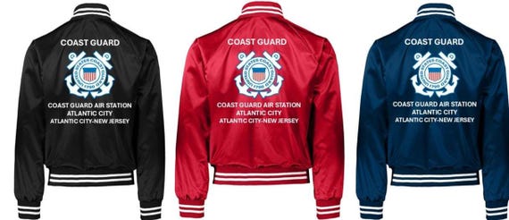 Coast Guard Air Station Atlantic City* Atlantic City-New Jersey * Coast Guard Vinyl Design Satin Jacket (Back Only) USCG Officially Licensed