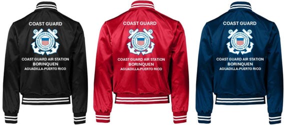 Coast Guard Air Station BORINQUEN* Aquadilla-Puerto Rico * Coast Guard Vinyl Design Satin Jacket (Back Only) USCG Officially Licensed