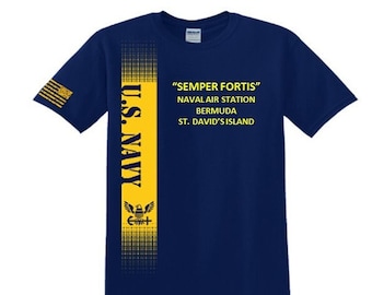 May include: A navy blue t-shirt with a yellow stripe down the side. The stripe features the words "U.S. NAVY" and a stylized eagle with a cross. The text on the shirt reads "SEMPER FORTIS" NAVAL AIR STATION BERMUDA ST. DAVID'S ISLAND.